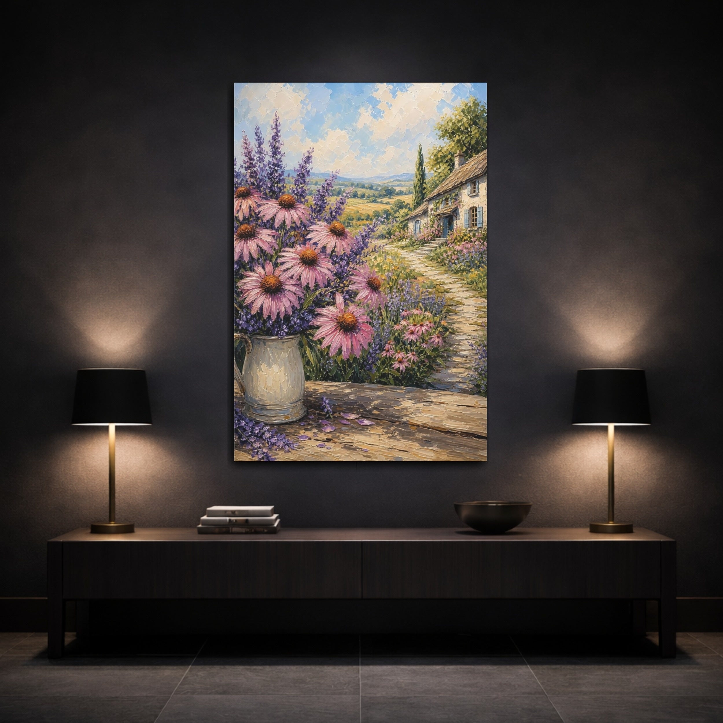 Mockup 3. Nature Garden Flowers Pink Lavender Landscape shown as stretched canvas wall art