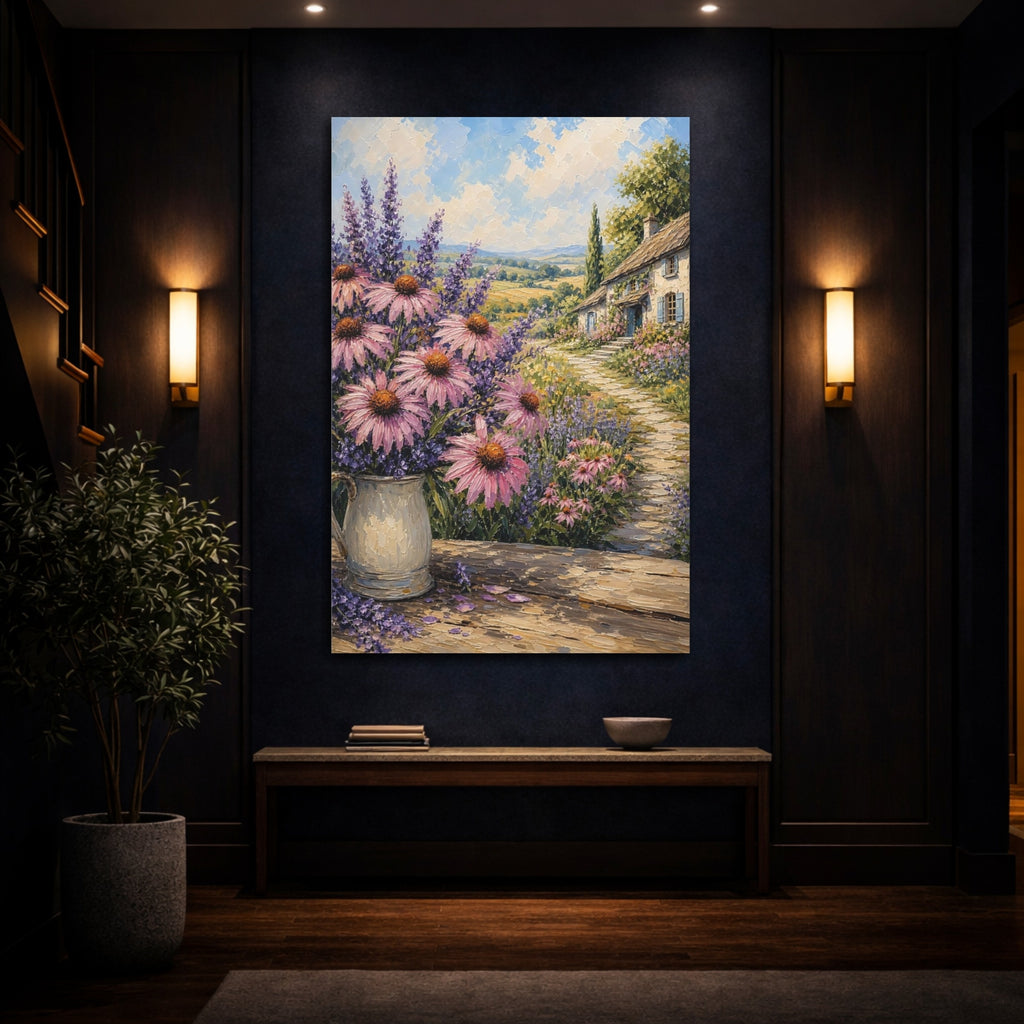 Mockup 4. Nature Garden Flowers Pink Lavender Landscape shown as stretched canvas wall art