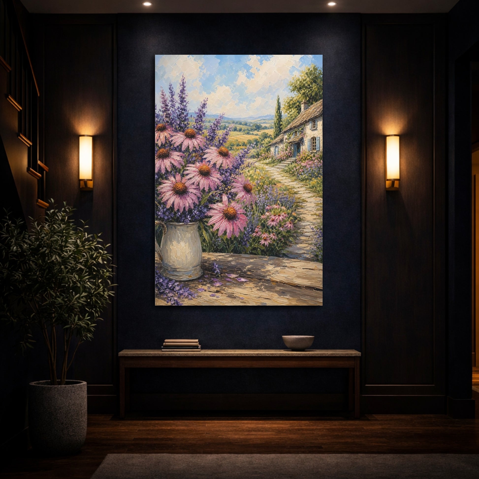 Mockup 4. Nature Garden Flowers Pink Lavender Landscape shown as stretched canvas wall art