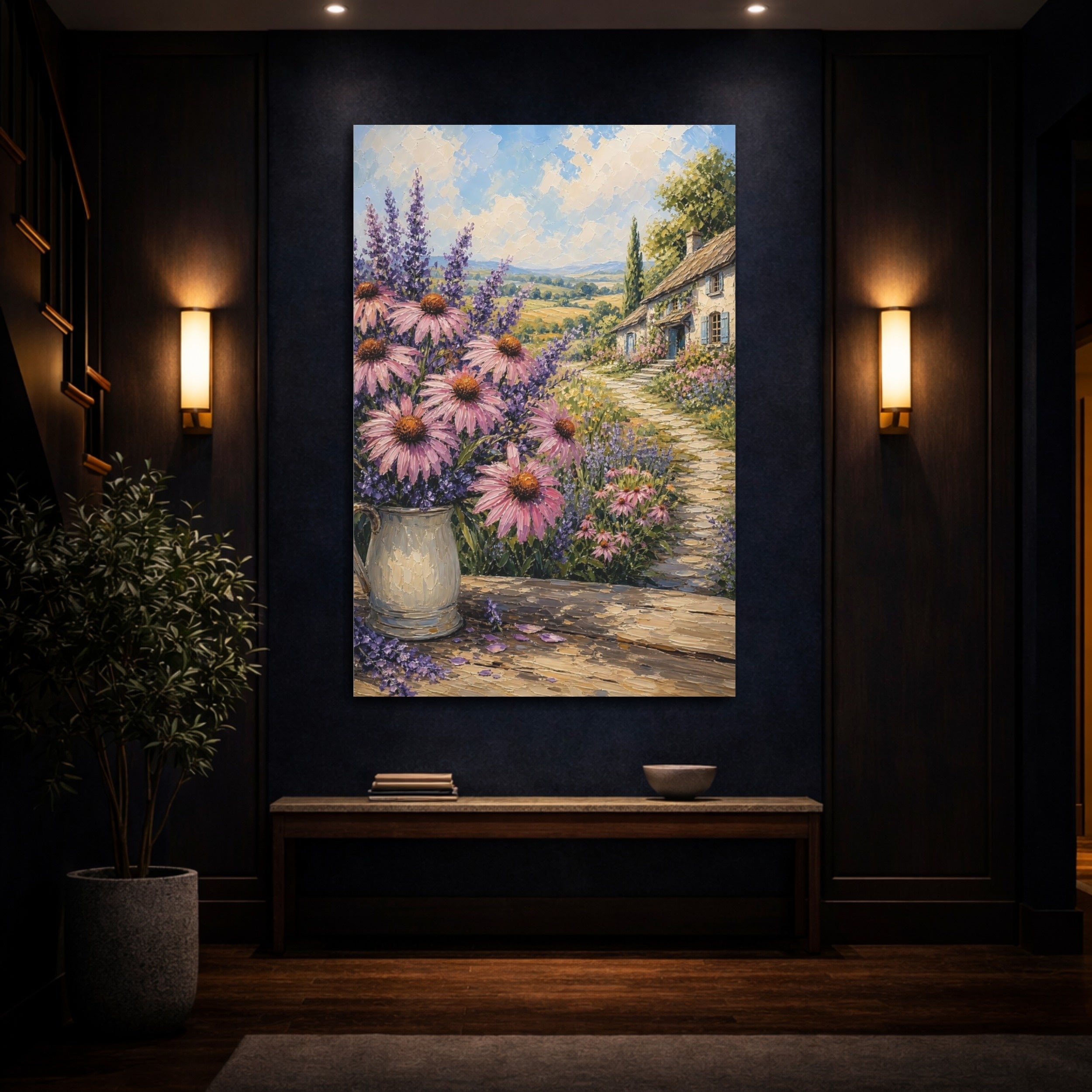Mockup 4. Nature Garden Flowers Pink Lavender Landscape shown as stretched canvas wall art