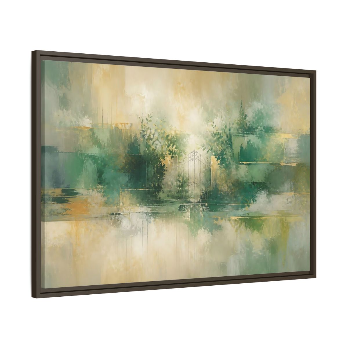Main Mockup. Nature Garden Gate Green Gold shown as stretched canvas wall art