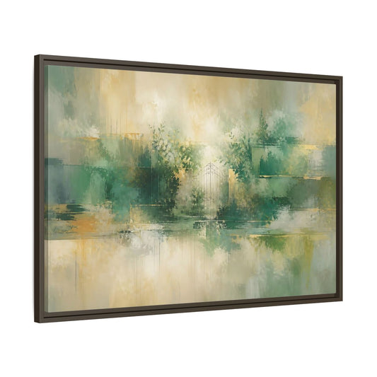 Main Mockup. Nature Garden Gate Green Gold shown as stretched canvas wall art