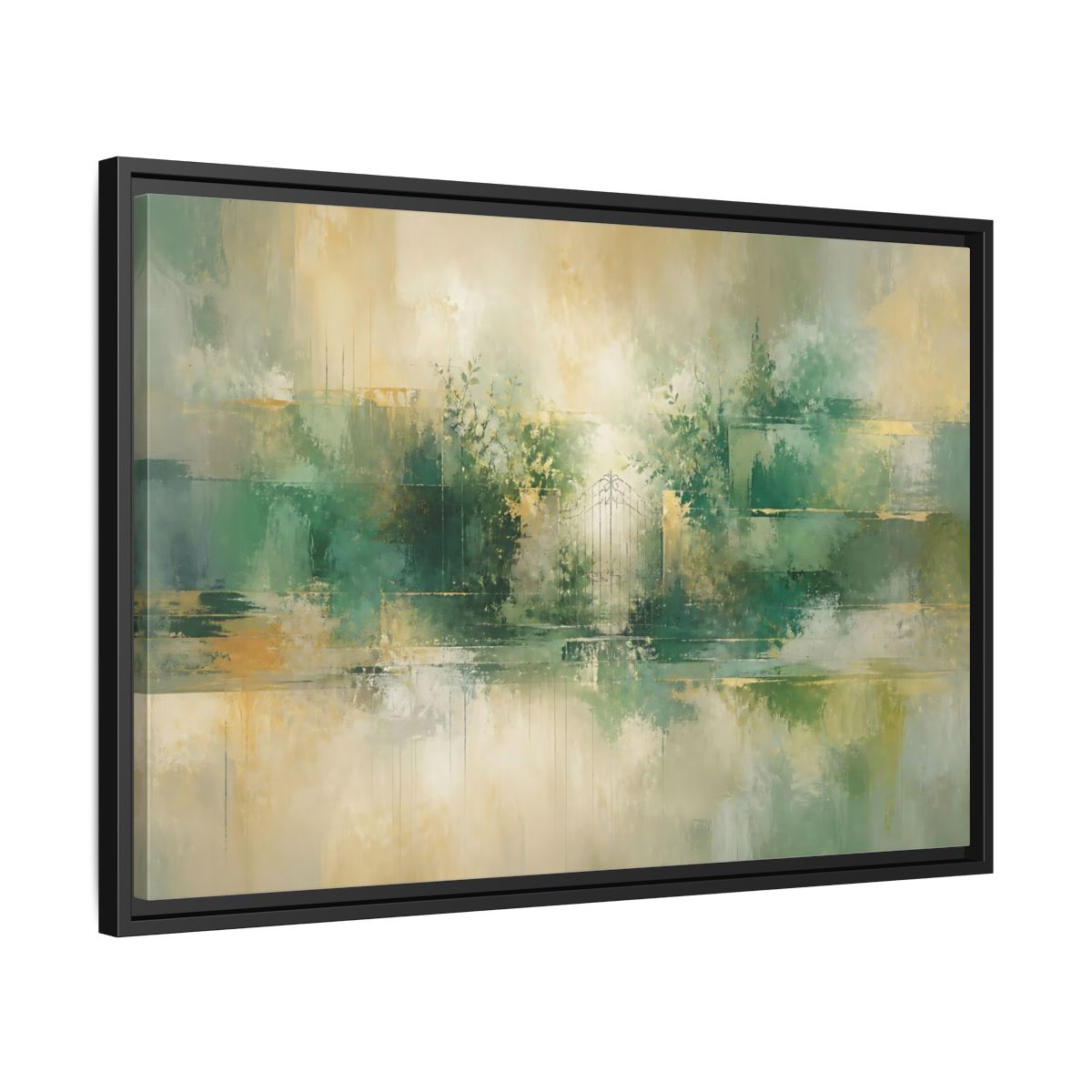 Side Mockup 14. Nature Garden Gate Green Gold shown as stretched canvas wall art