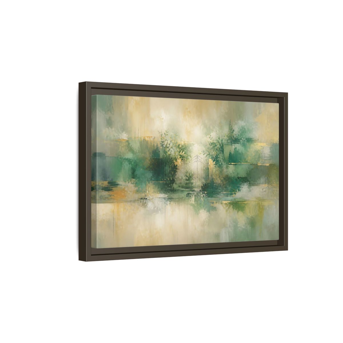 Side Mockup 5. Nature Garden Gate Green Gold shown as stretched canvas wall art