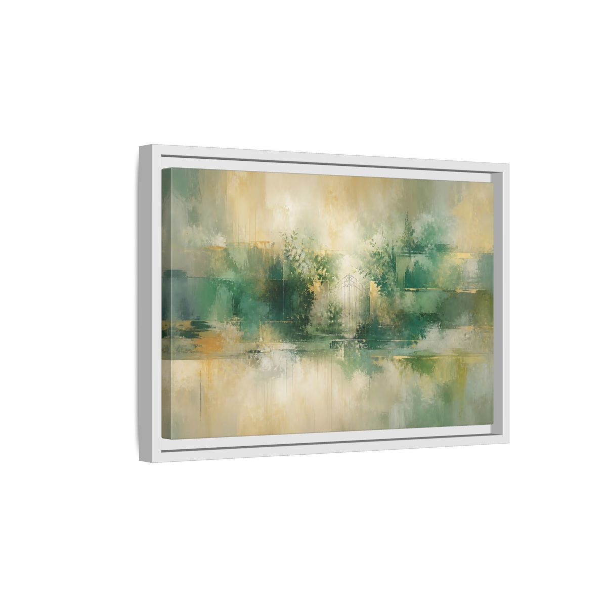 Side Mockup 4. Nature Garden Gate Green Gold shown as stretched canvas wall art