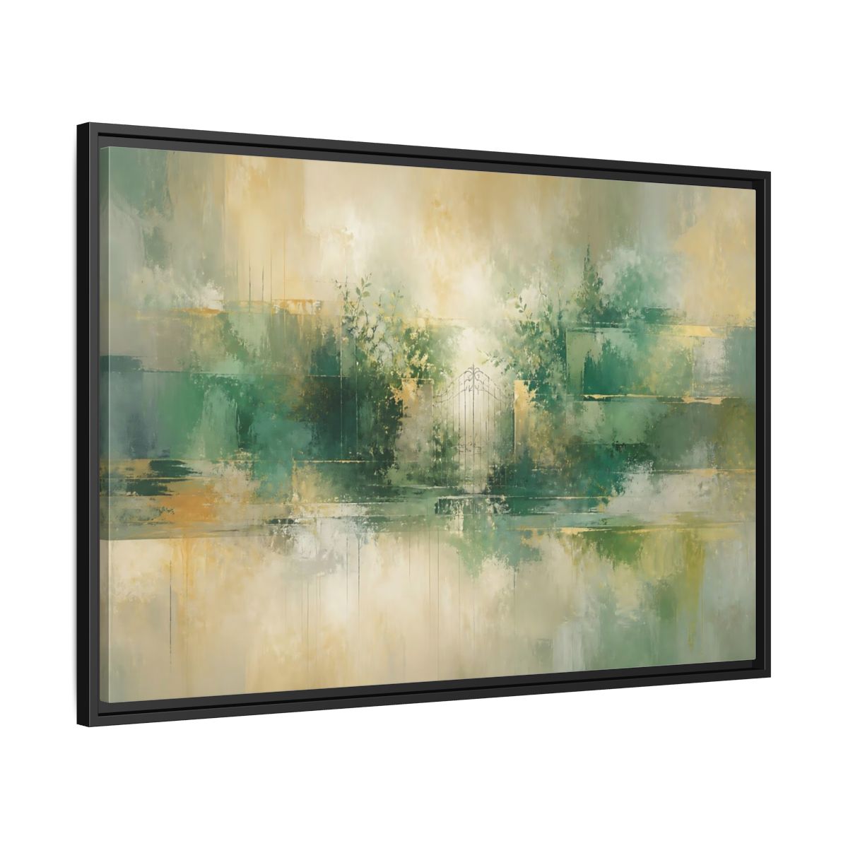 Side Mockup 13. Nature Garden Gate Green Gold shown as stretched canvas wall art