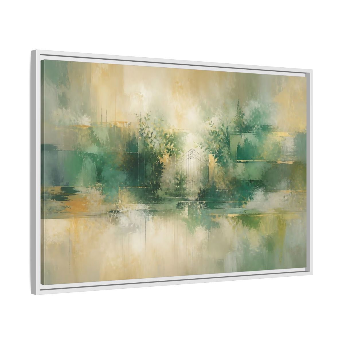 Side Mockup 9. Nature Garden Gate Green Gold shown as stretched canvas wall art