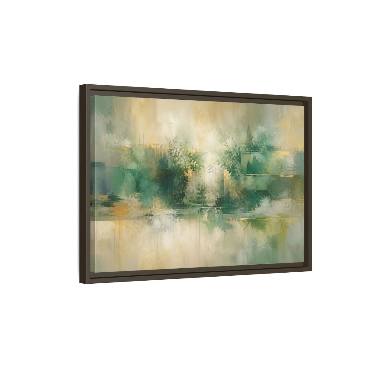 Side Mockup 2. Nature Garden Gate Green Gold shown as stretched canvas wall art