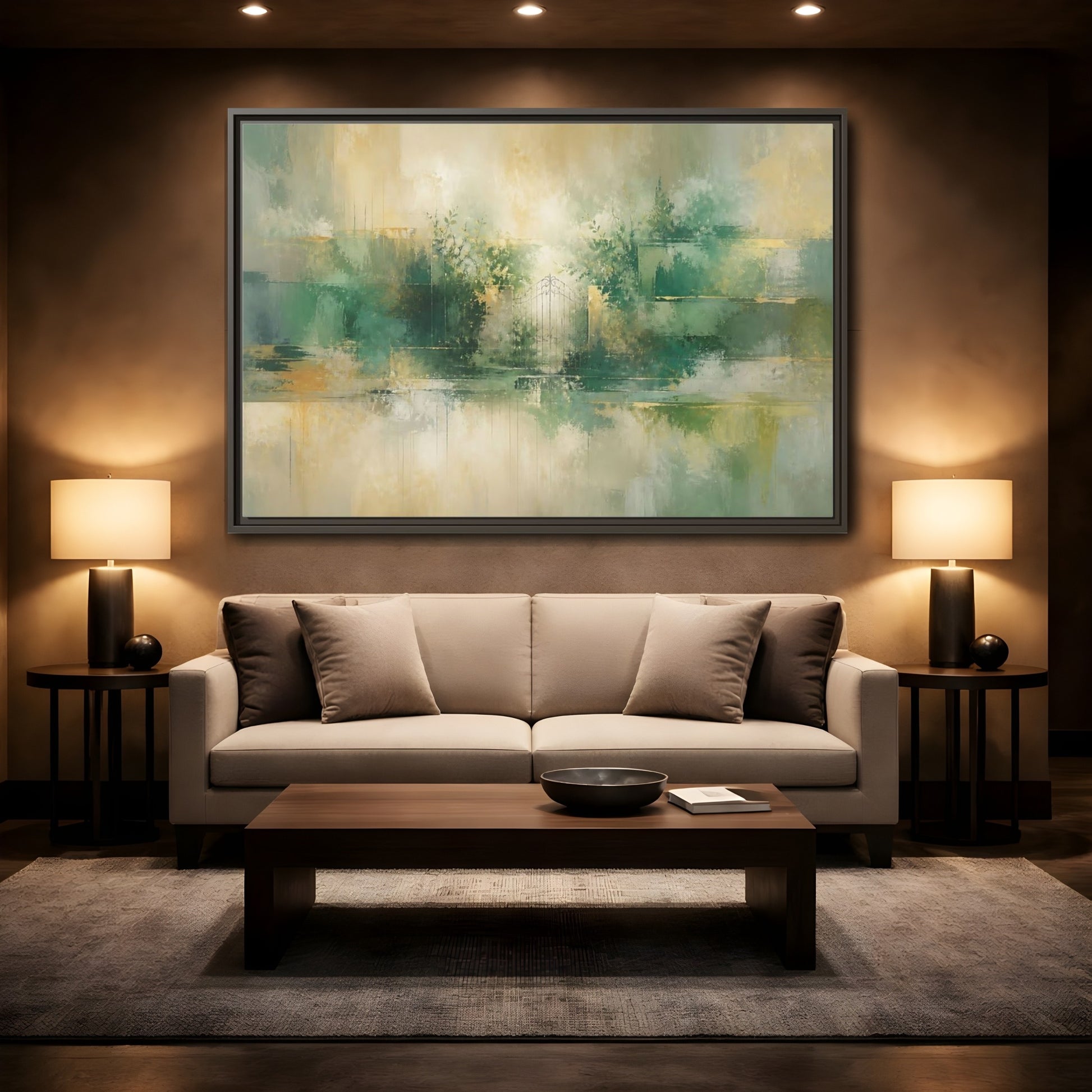 Mockup 2. Nature Garden Gate Green Gold shown as stretched canvas wall art