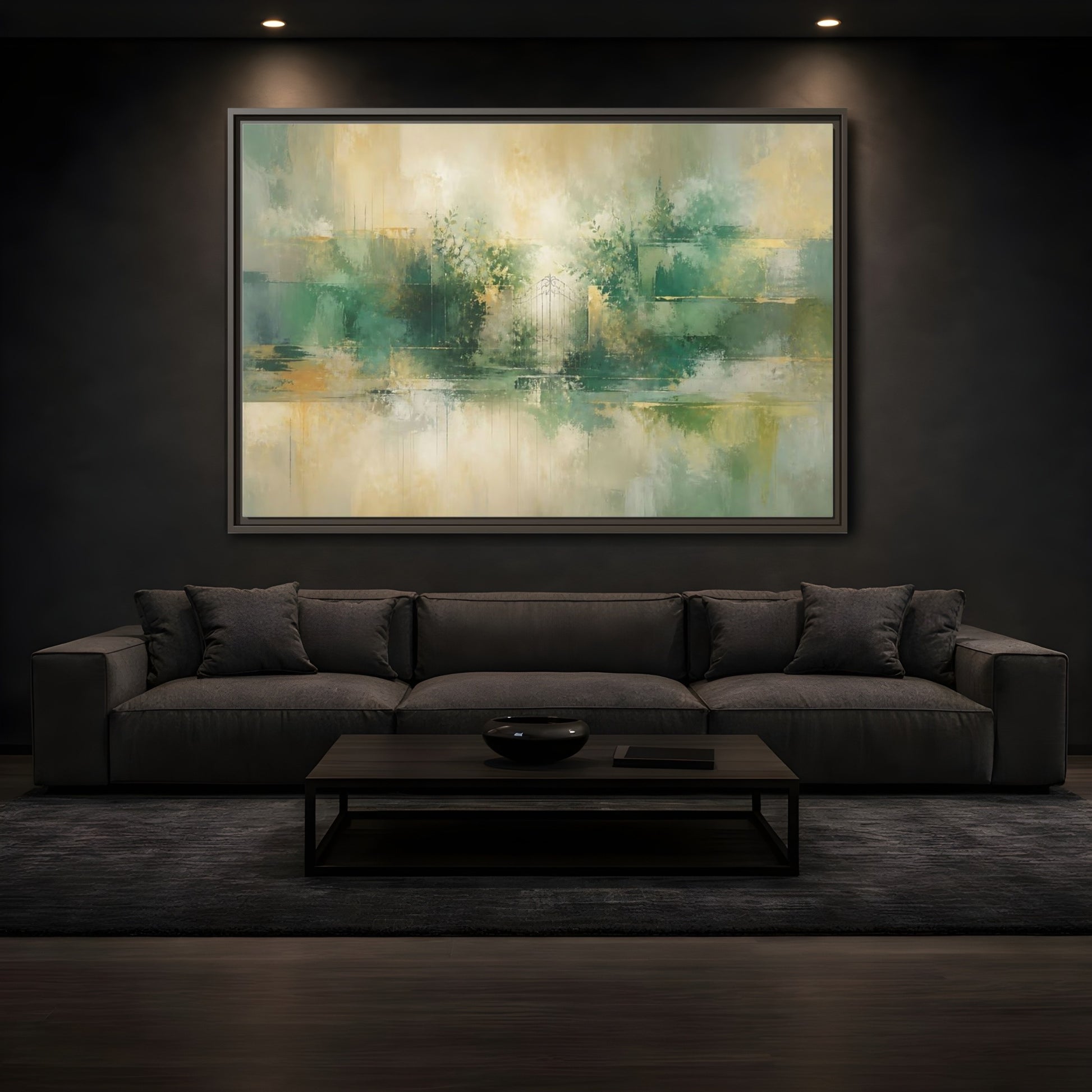 Mockup 3. Nature Garden Gate Green Gold shown as stretched canvas wall art