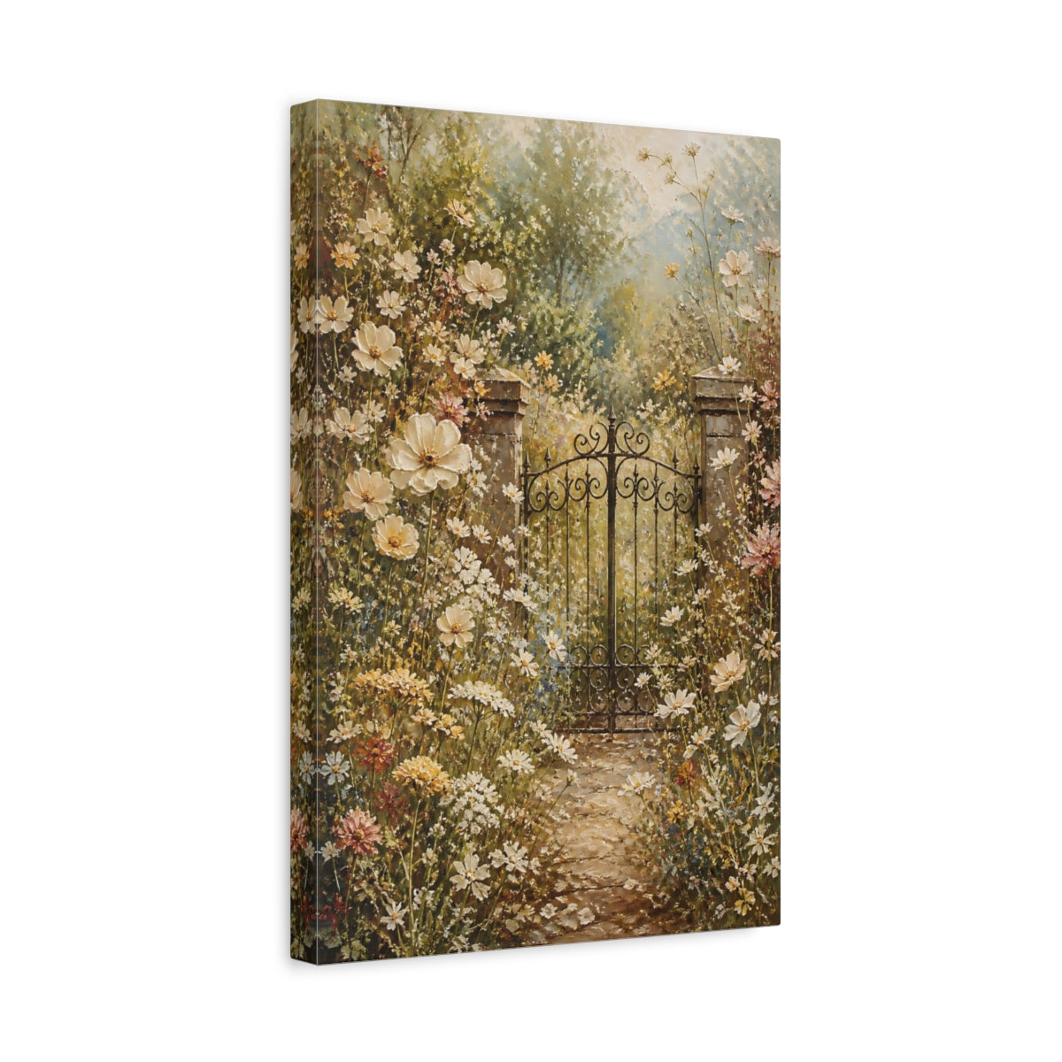 Side Mockup 4. Nature Garden Gate Muted Floral Garden shown as stretched canvas wall art