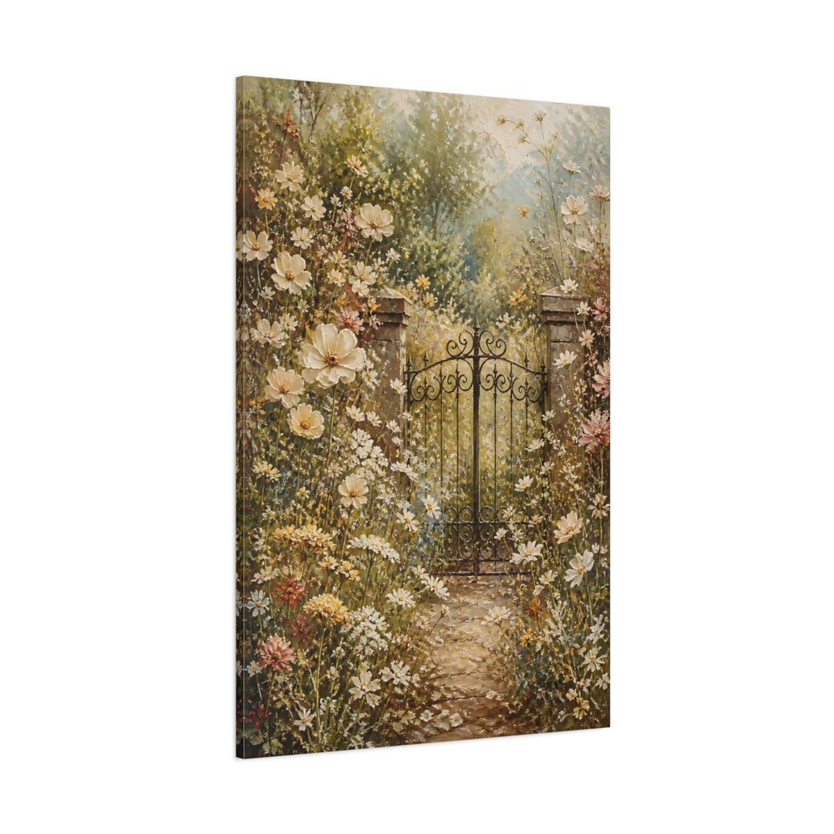 Side Mockup 1. Nature Garden Gate Muted Floral Garden shown as stretched canvas wall art