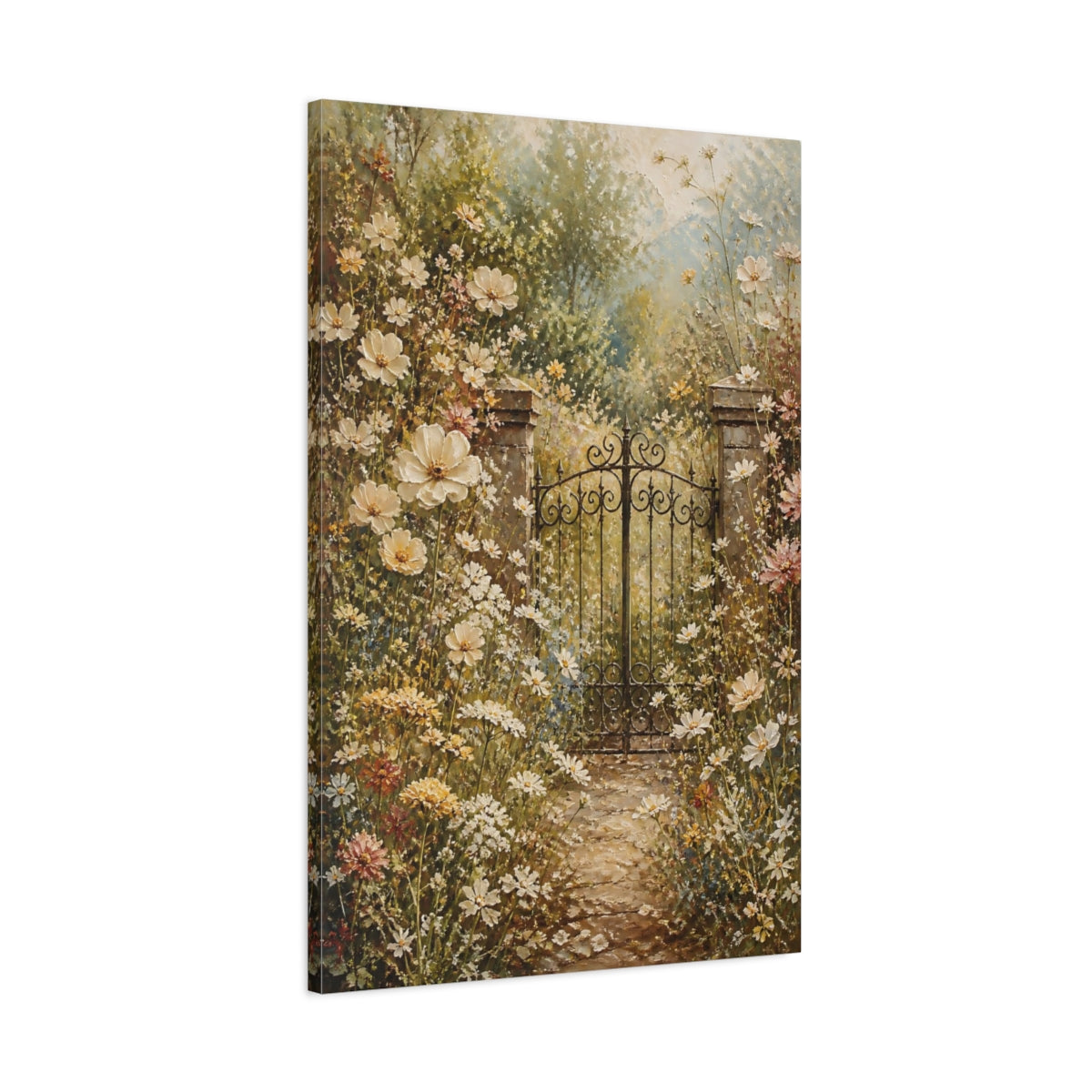 Main Mockup. Nature Garden Gate Muted Floral Garden shown as stretched canvas wall art