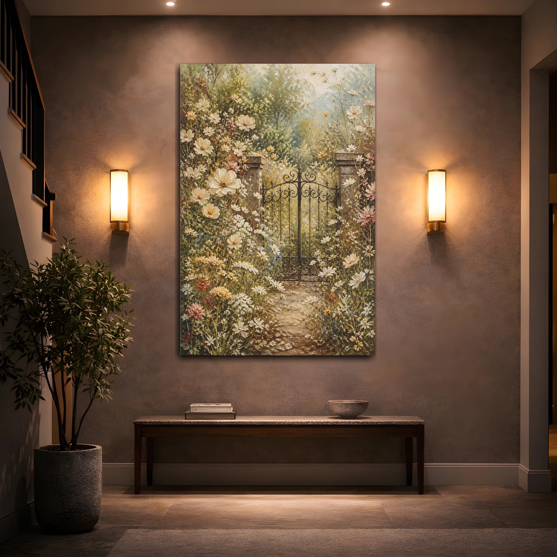 Mockup 2. Nature Garden Gate Muted Floral Garden shown as stretched canvas wall art