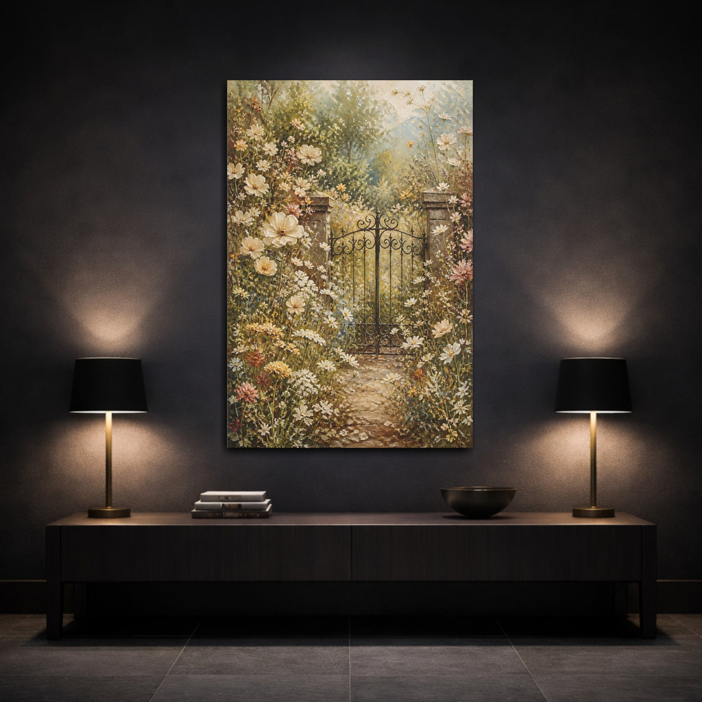 Mockup 3. Nature Garden Gate Muted Floral Garden shown as stretched canvas wall art
