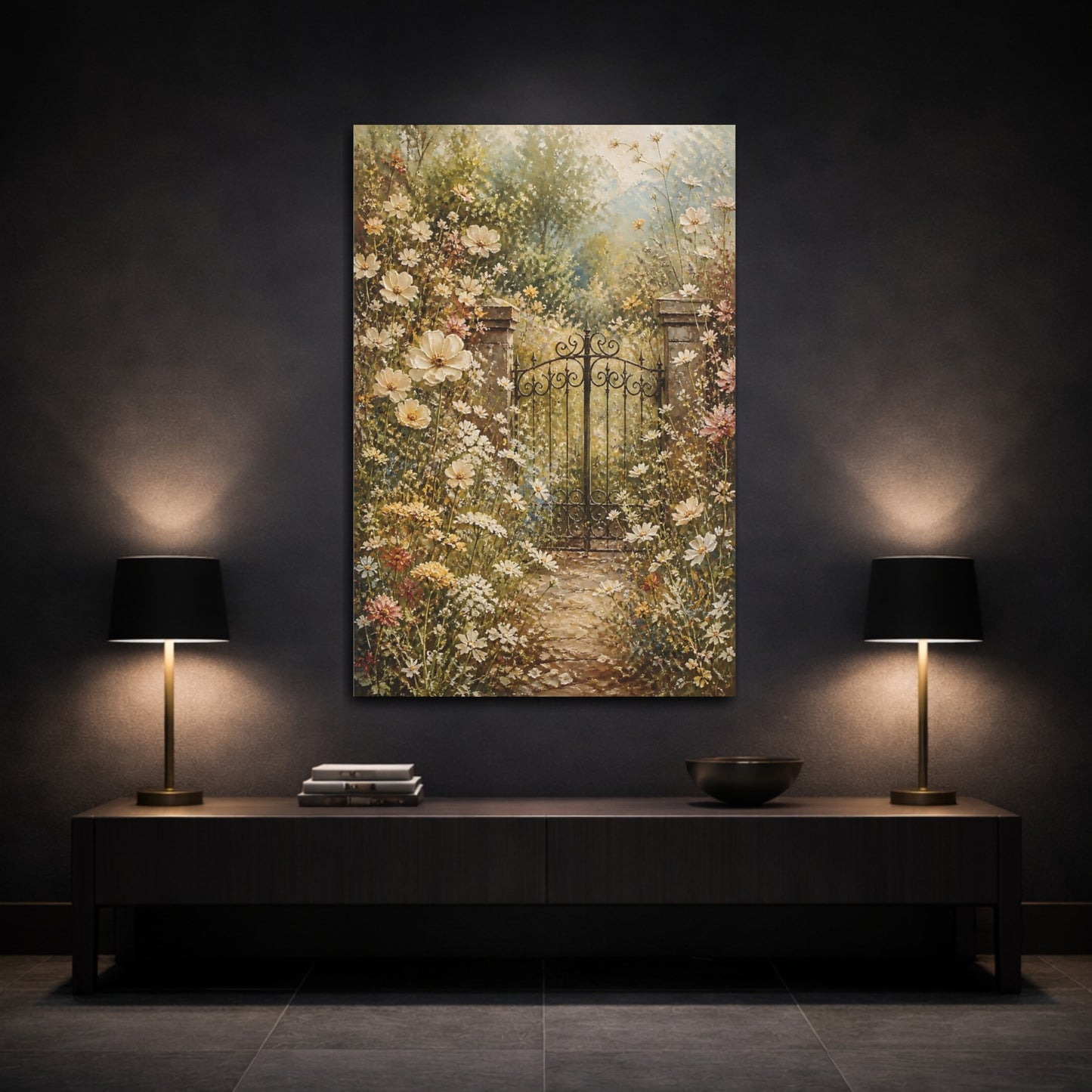 Mockup 3. Nature Garden Gate Muted Floral Garden shown as stretched canvas wall art
