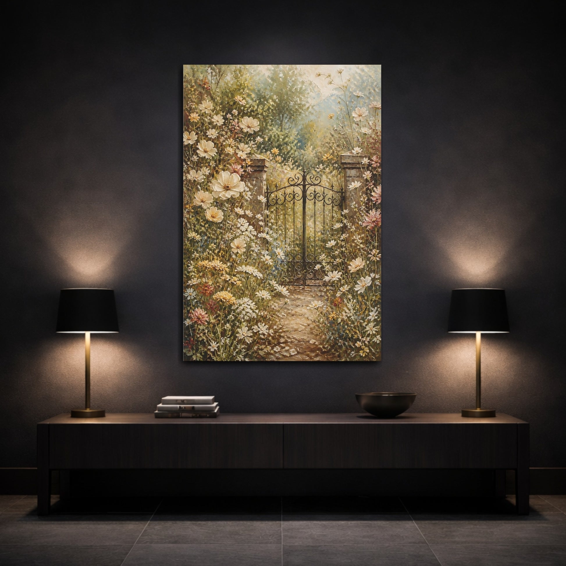 Mockup 3. Nature Garden Gate Muted Floral Garden shown as stretched canvas wall art