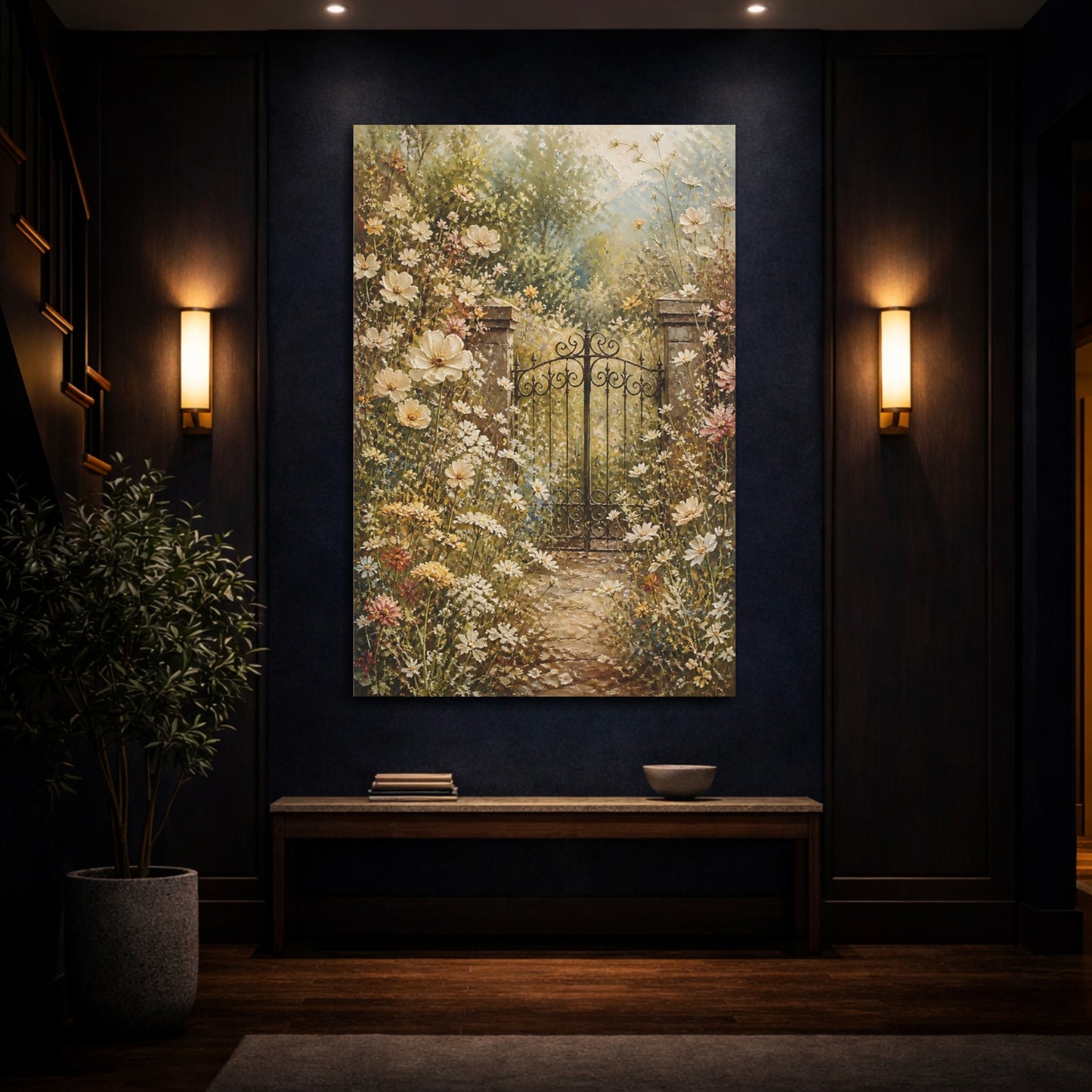 Mockup 4. Nature Garden Gate Muted Floral Garden shown as stretched canvas wall art