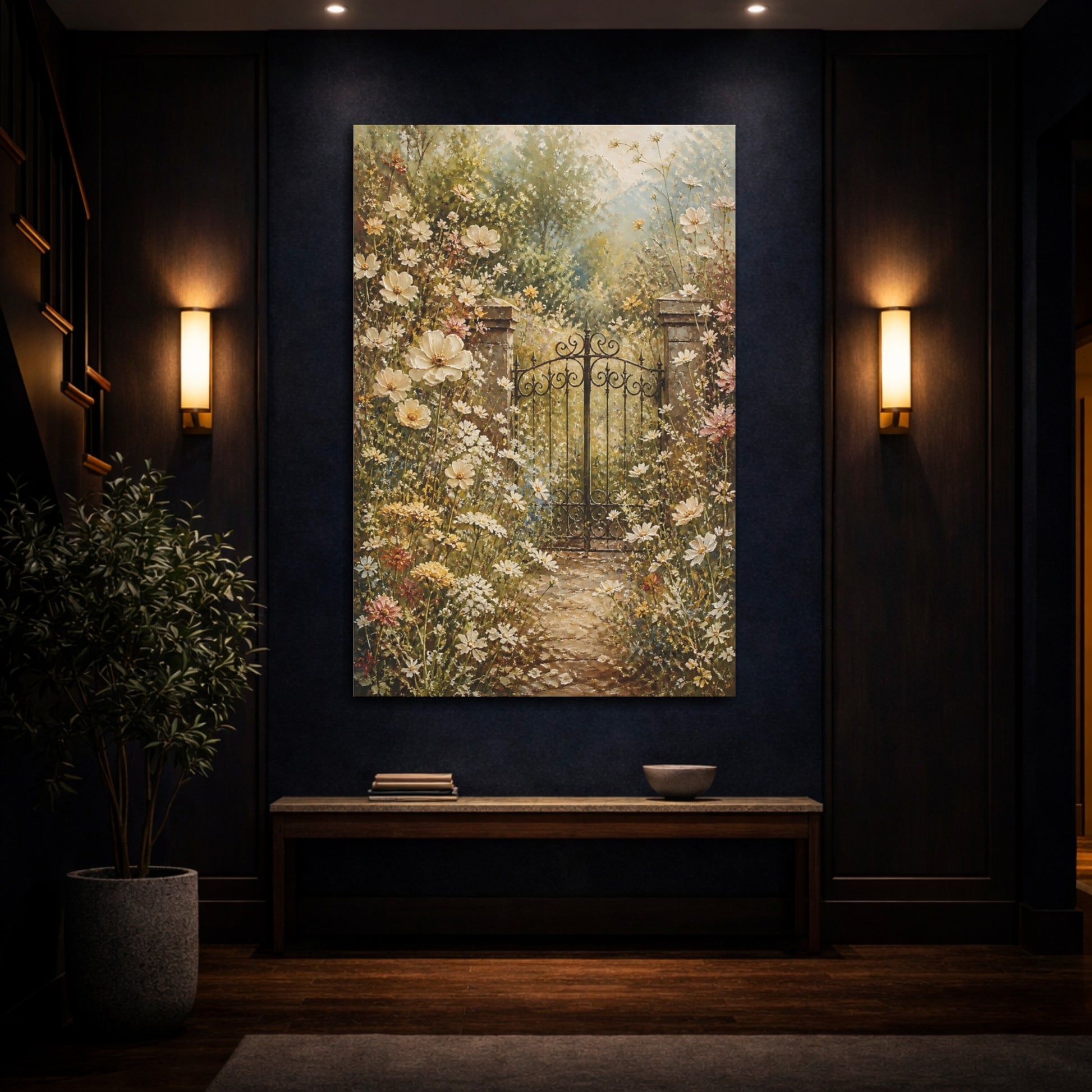 Mockup 4. Nature Garden Gate Muted Floral Garden shown as stretched canvas wall art