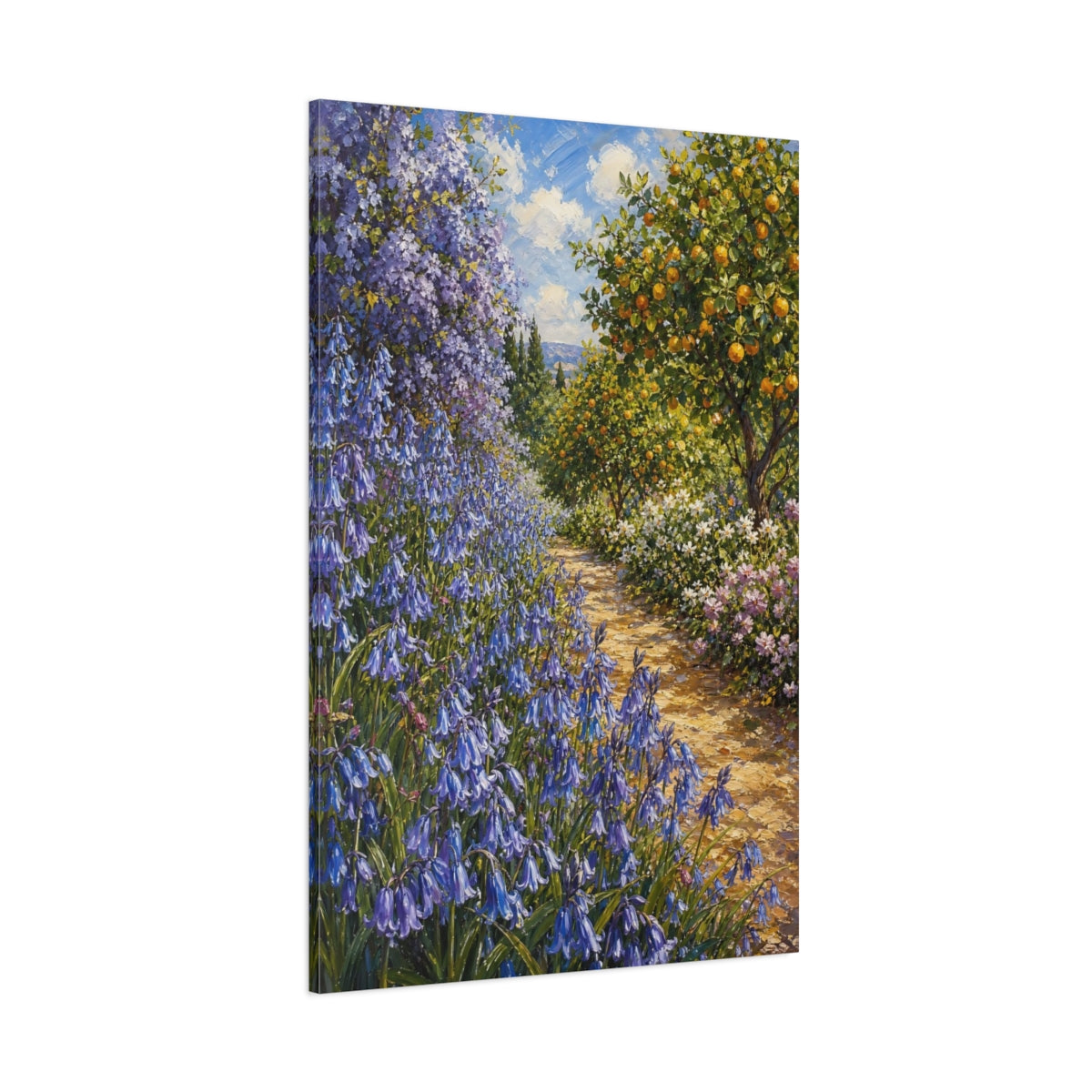 Side Mockup 1. Nature Garden Path Blue And Orange Garden shown as stretched canvas wall art
