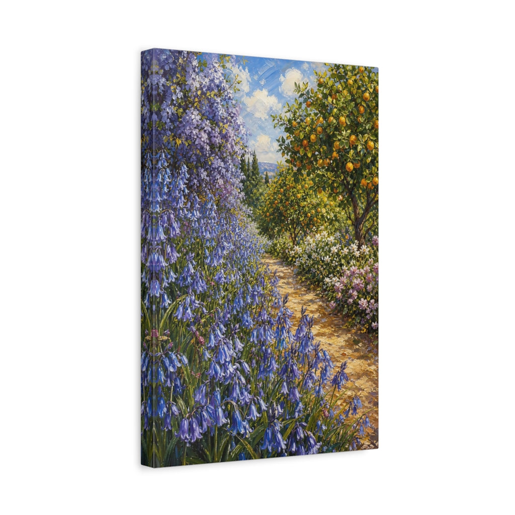 Side Mockup 4. Nature Garden Path Blue And Orange Garden shown as stretched canvas wall art
