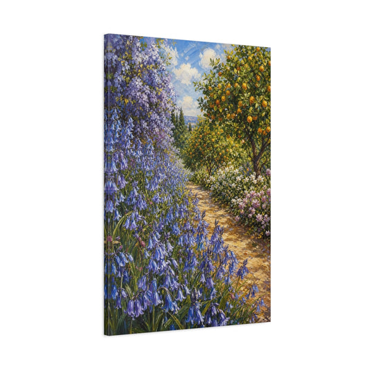 Main Mockup. Nature Garden Path Blue And Orange Garden shown as stretched canvas wall art