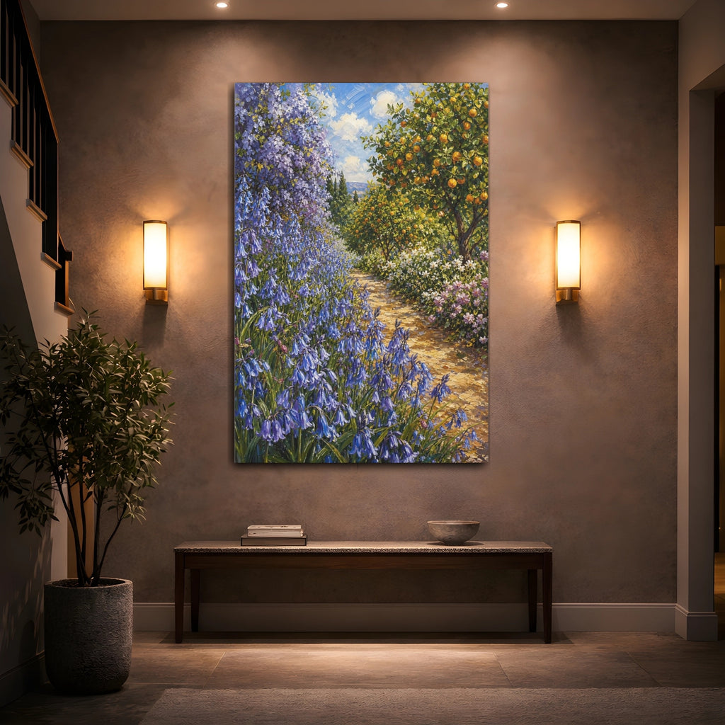 Mockup 2. Nature Garden Path Blue And Orange Garden shown as stretched canvas wall art