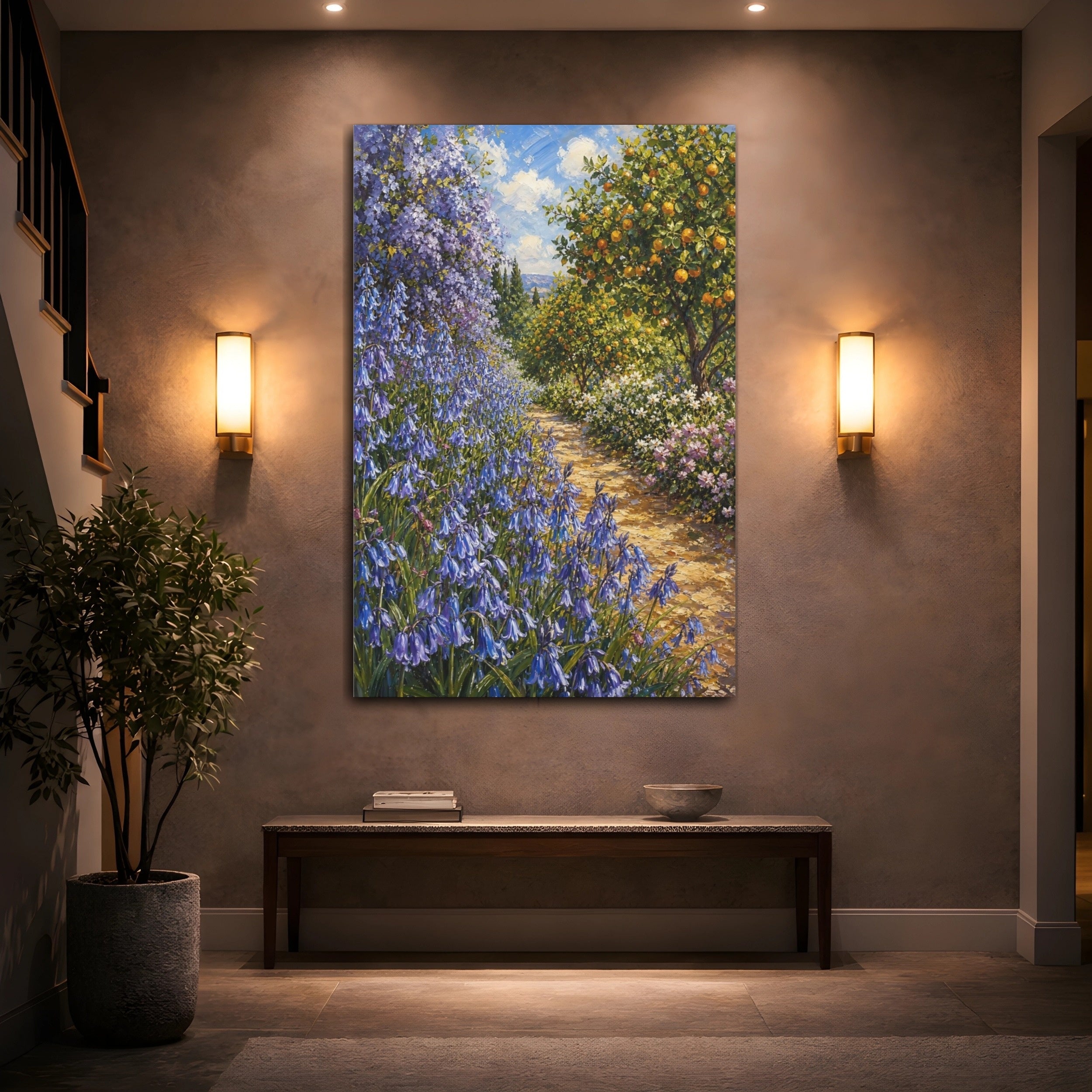 Mockup 2. Nature Garden Path Blue And Orange Garden shown as stretched canvas wall art