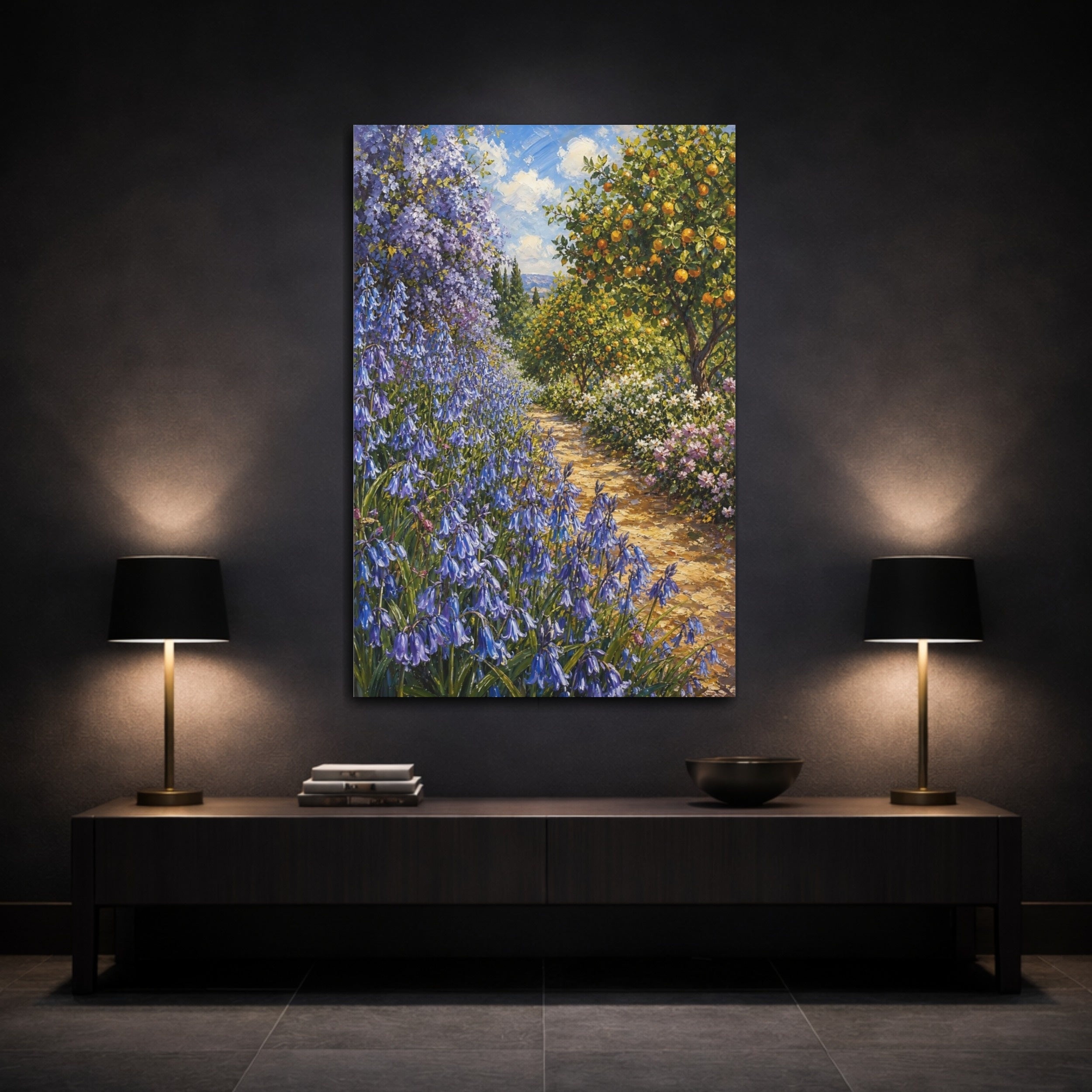 Mockup 3. Nature Garden Path Blue And Orange Garden shown as stretched canvas wall art