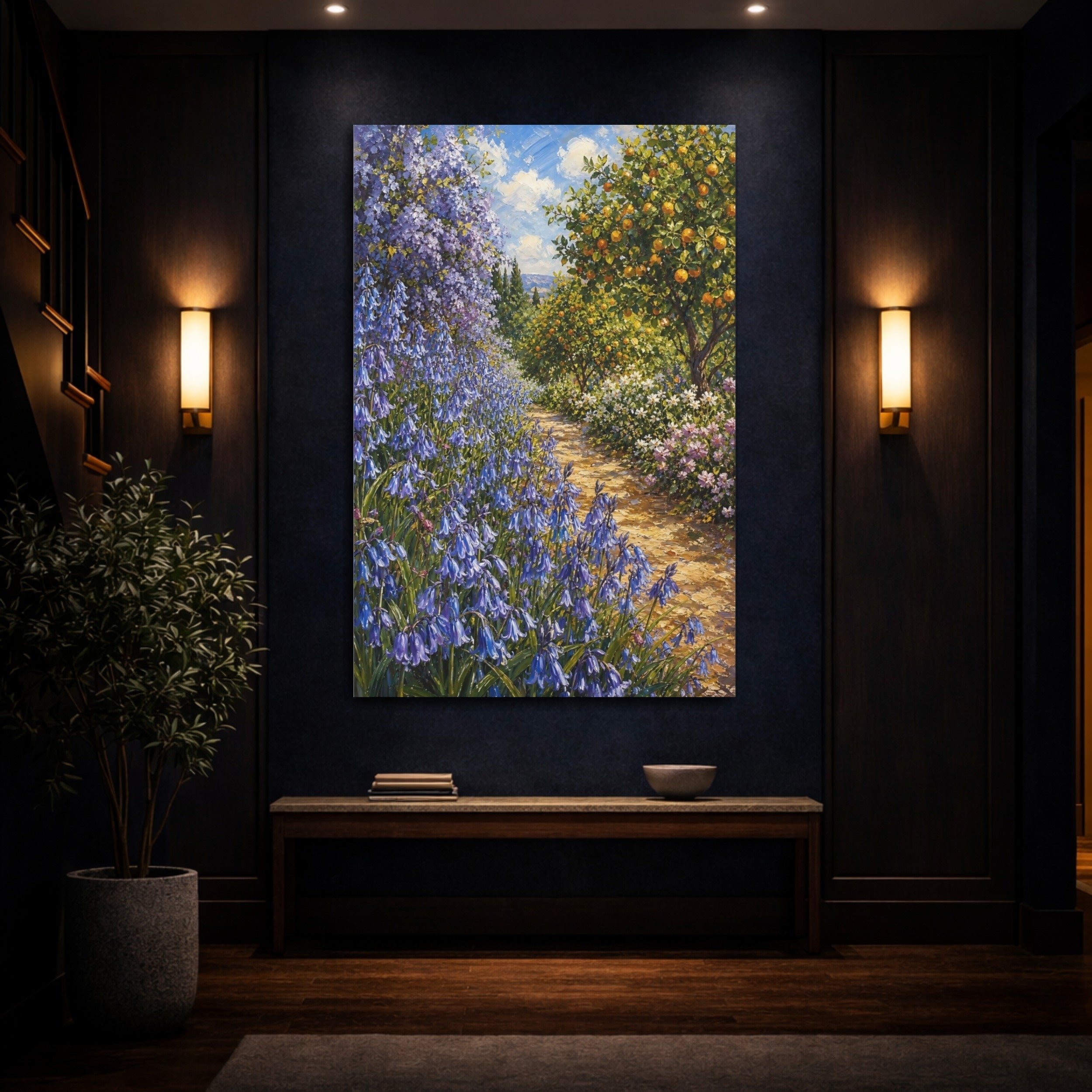 Mockup 4. Nature Garden Path Blue And Orange Garden shown as stretched canvas wall art