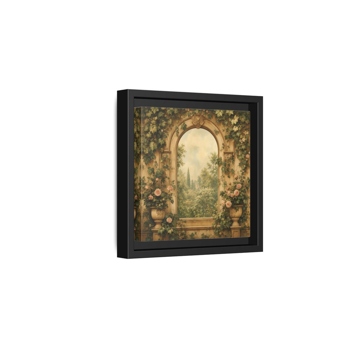 Side Mockup 3. Nature Garden Vista Vintage Garden shown as stretched canvas wall art