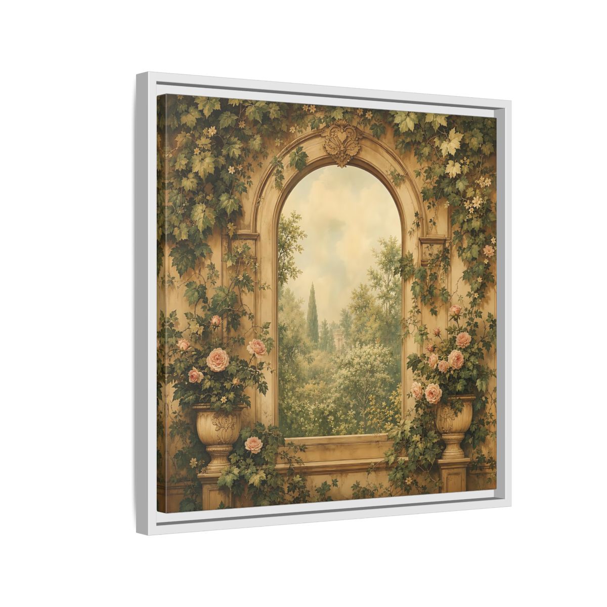 Side Mockup 10. Nature Garden Vista Vintage Garden shown as stretched canvas wall art