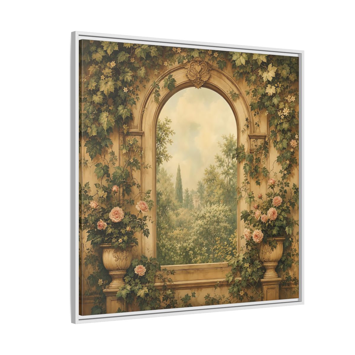 Side Mockup 4. Nature Garden Vista Vintage Garden shown as stretched canvas wall art