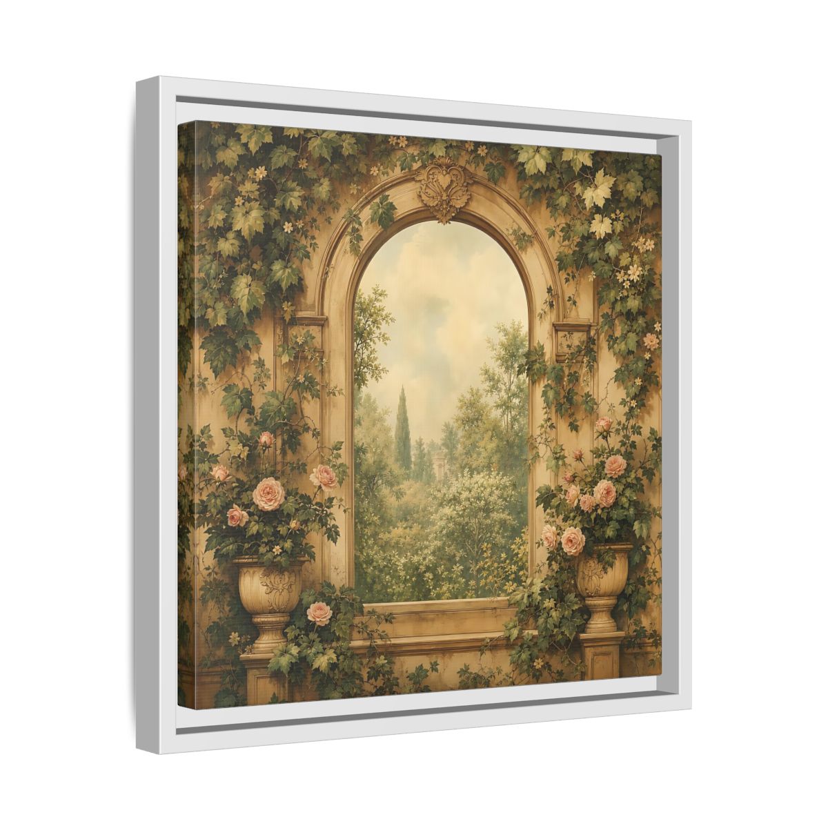 Side Mockup 28. Nature Garden Vista Vintage Garden shown as stretched canvas wall art