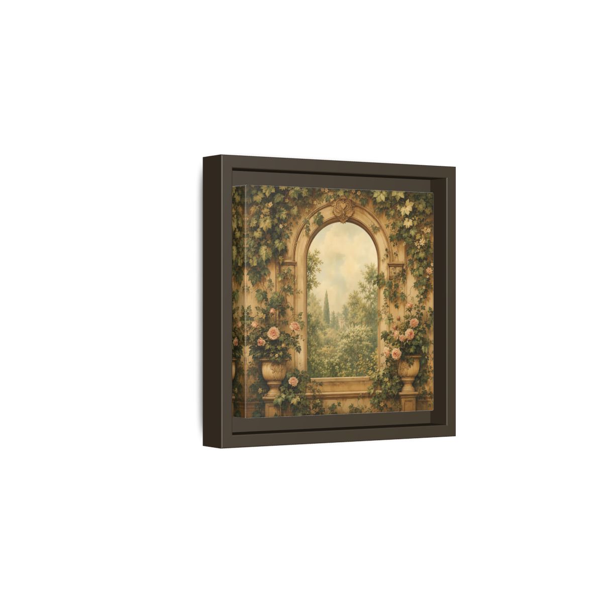 Side Mockup 2. Nature Garden Vista Vintage Garden shown as stretched canvas wall art