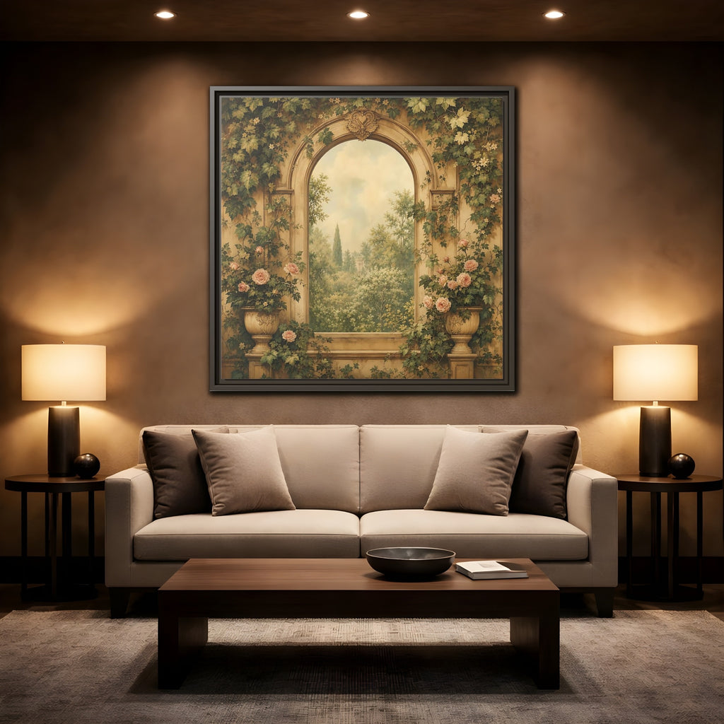 Mockup 2. Nature Garden Vista Vintage Garden shown as stretched canvas wall art