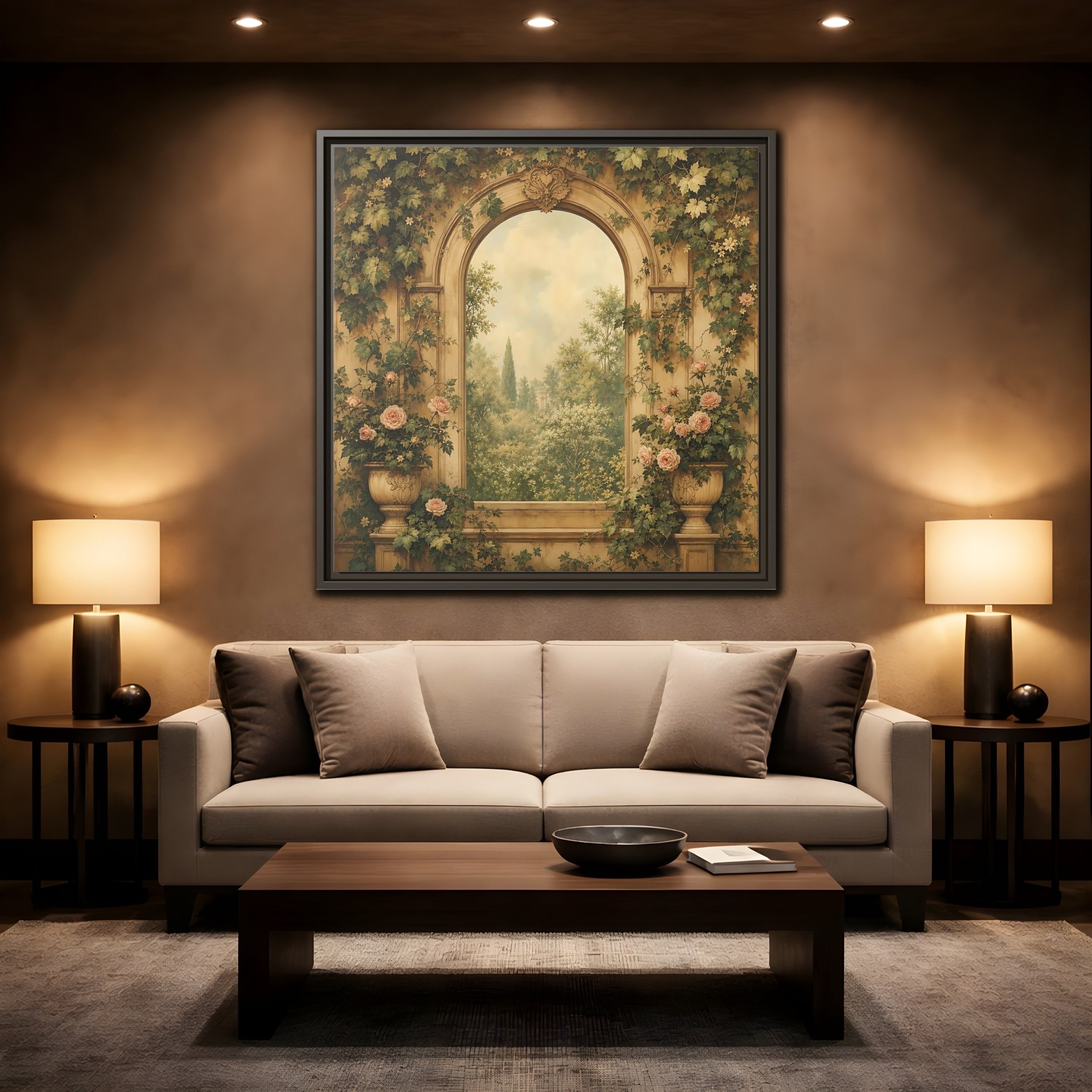 Mockup 2. Nature Garden Vista Vintage Garden shown as stretched canvas wall art