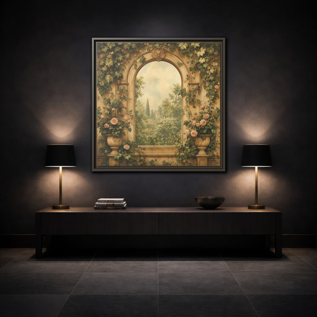 Mockup 3. Nature Garden Vista Vintage Garden shown as stretched canvas wall art
