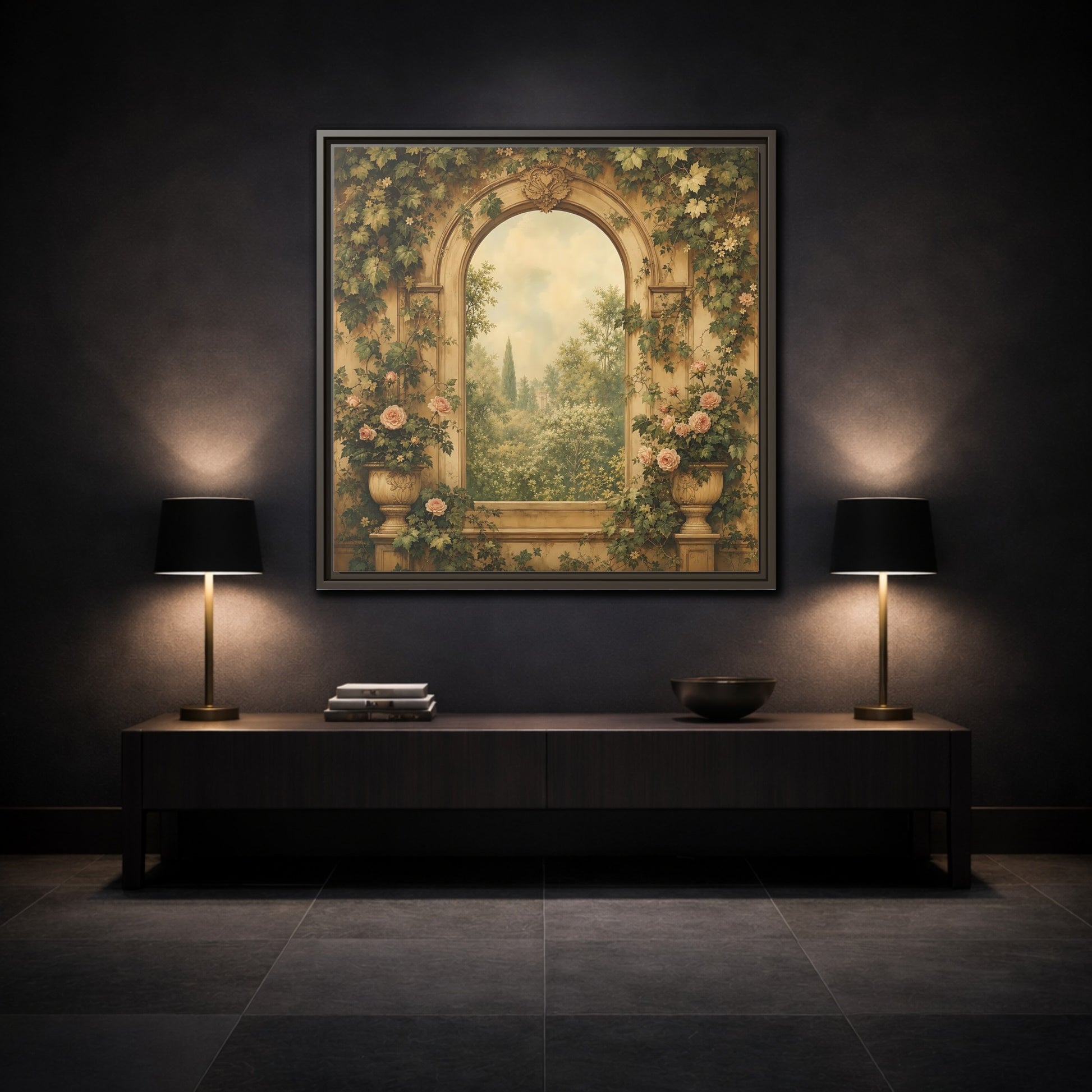 Mockup 3. Nature Garden Vista Vintage Garden shown as stretched canvas wall art
