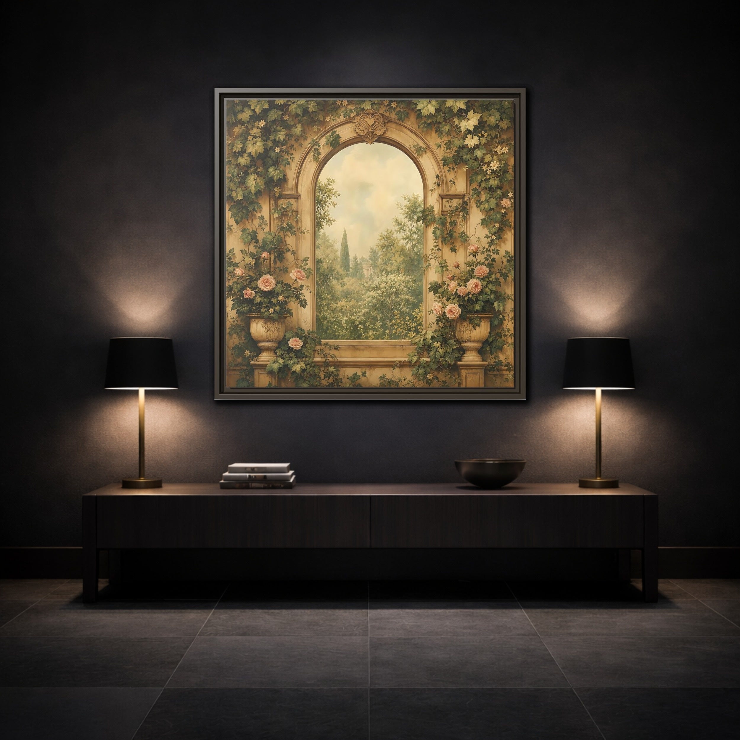 Mockup 3. Nature Garden Vista Vintage Garden shown as stretched canvas wall art