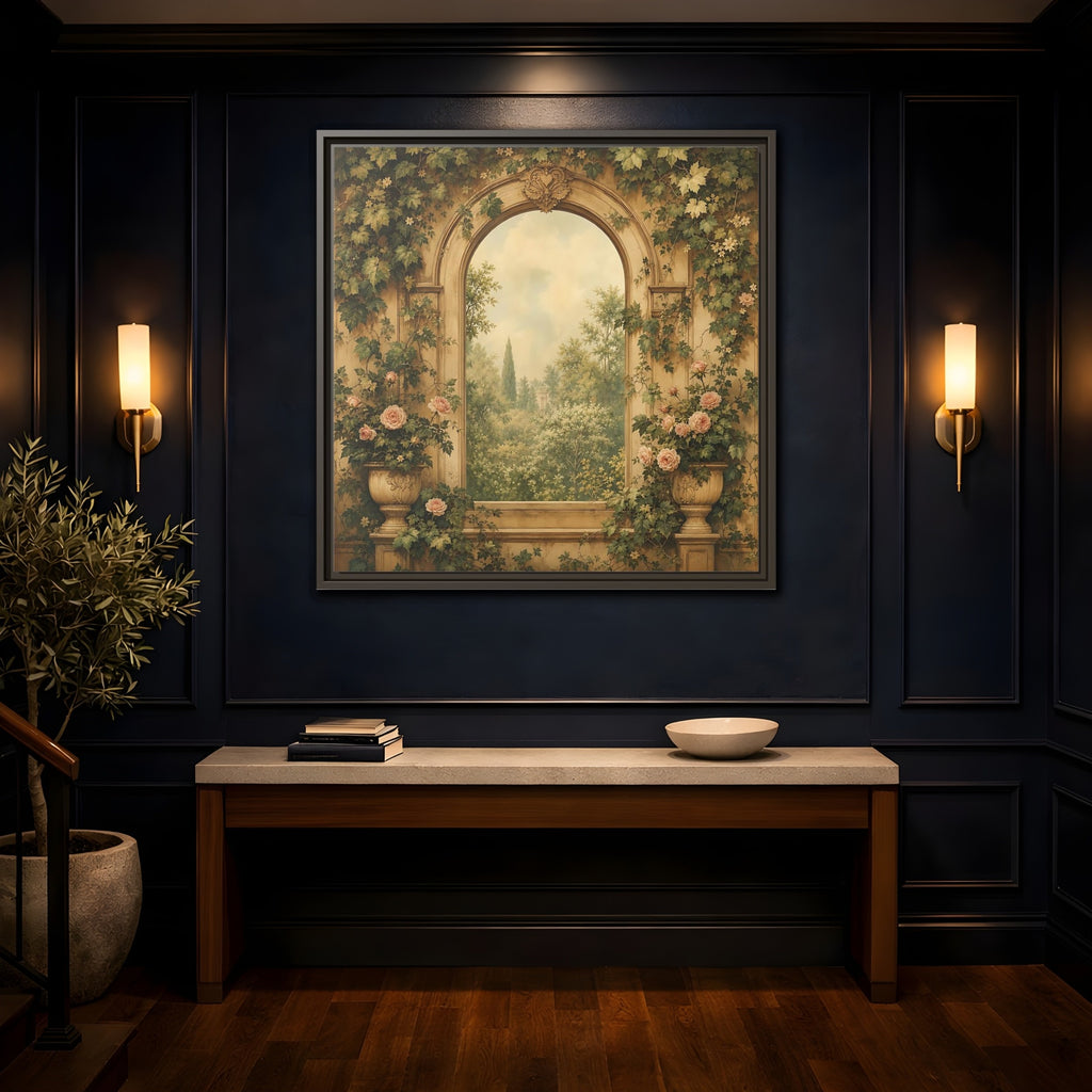 Mockup 4. Nature Garden Vista Vintage Garden shown as stretched canvas wall art