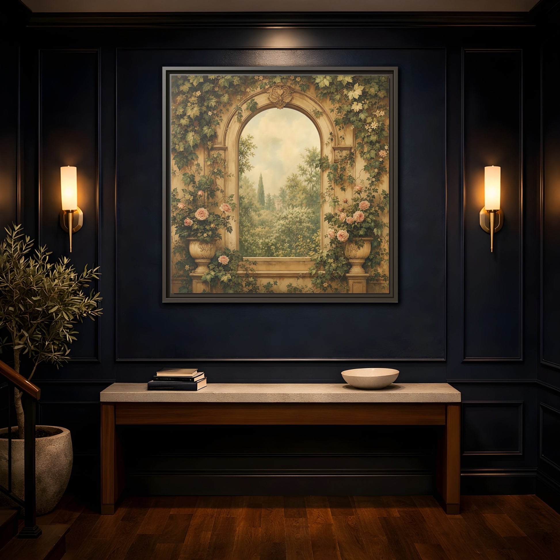 Mockup 4. Nature Garden Vista Vintage Garden shown as stretched canvas wall art