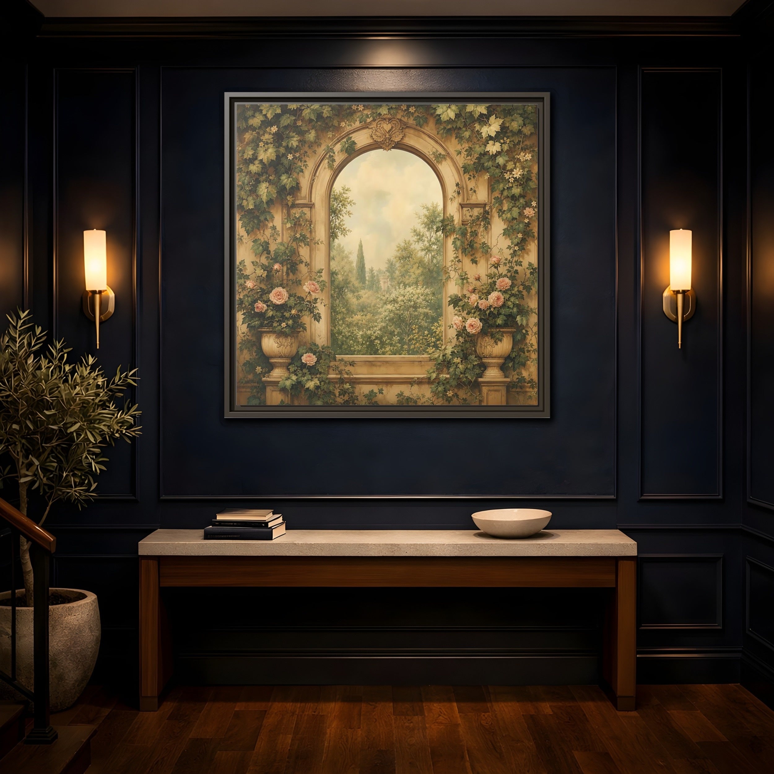 Mockup 4. Nature Garden Vista Vintage Garden shown as stretched canvas wall art