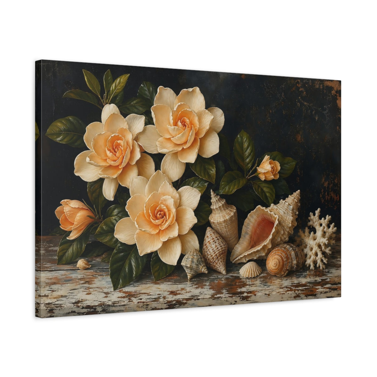Side Mockup 2. Nature Gardenia Flowers Cream Floral Still Life shown as stretched canvas wall art