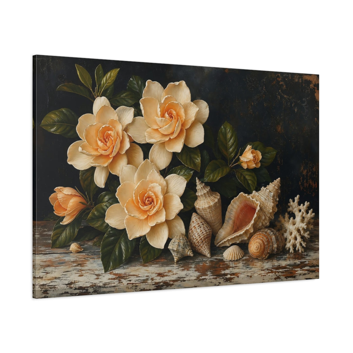 Side Mockup 1. Nature Gardenia Flowers Cream Floral Still Life shown as stretched canvas wall art