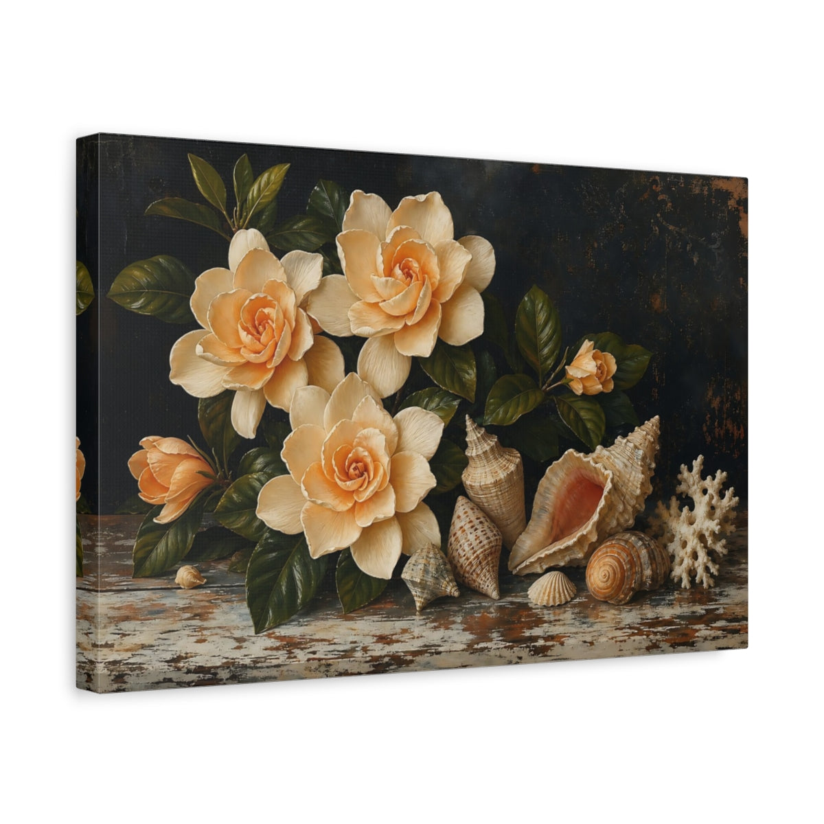 Side Mockup 4. Nature Gardenia Flowers Cream Floral Still Life shown as stretched canvas wall art