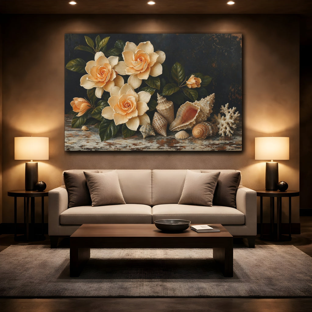 Mockup 2. Nature Gardenia Flowers Cream Floral Still Life shown as stretched canvas wall art