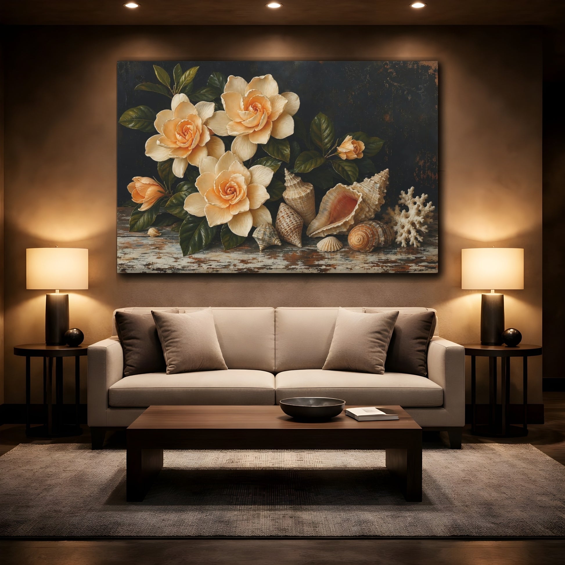 Mockup 2. Nature Gardenia Flowers Cream Floral Still Life shown as stretched canvas wall art