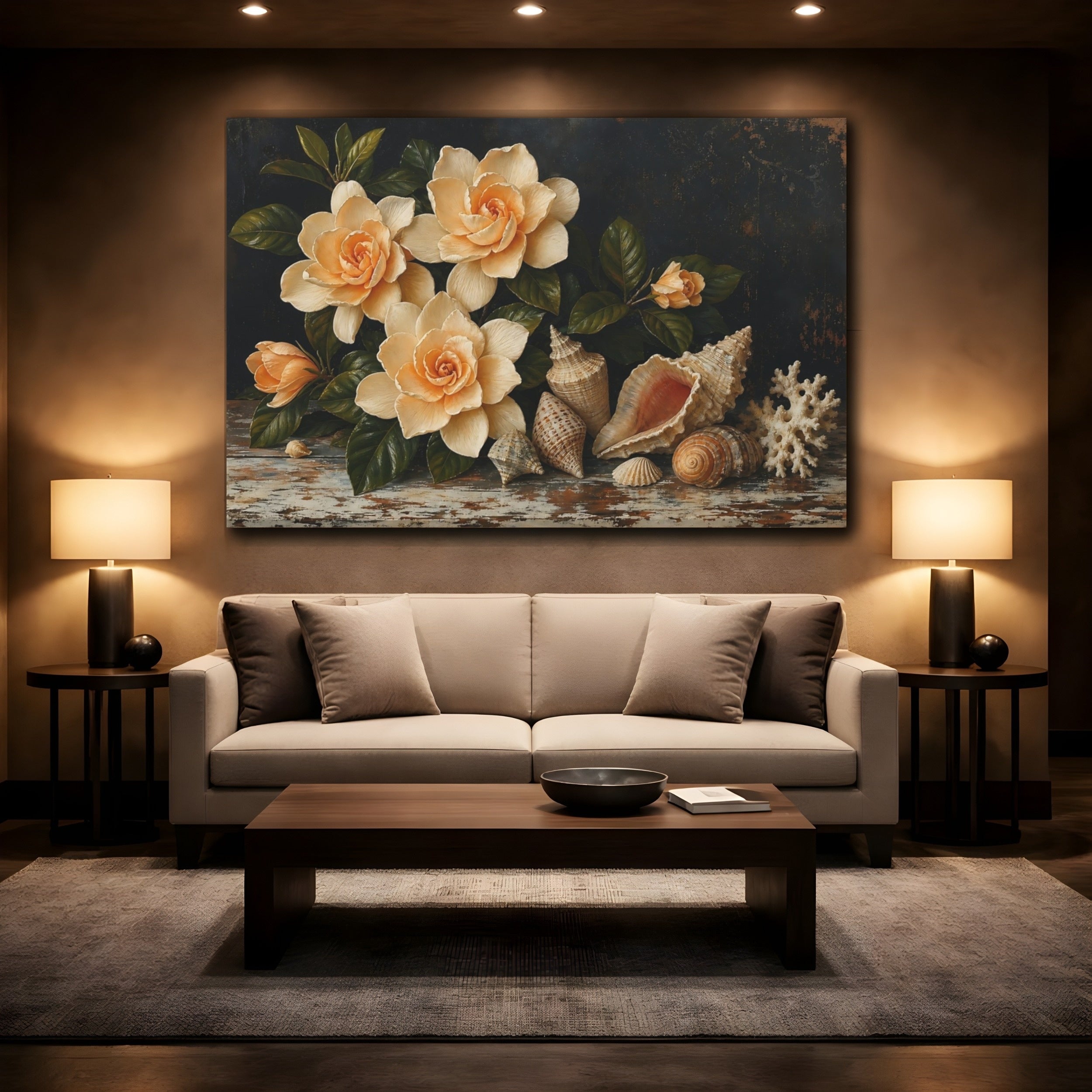 Mockup 2. Nature Gardenia Flowers Cream Floral Still Life shown as stretched canvas wall art