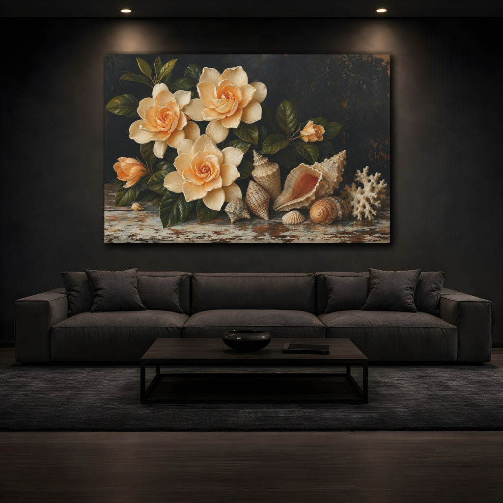 Mockup 3. Nature Gardenia Flowers Cream Floral Still Life shown as stretched canvas wall art